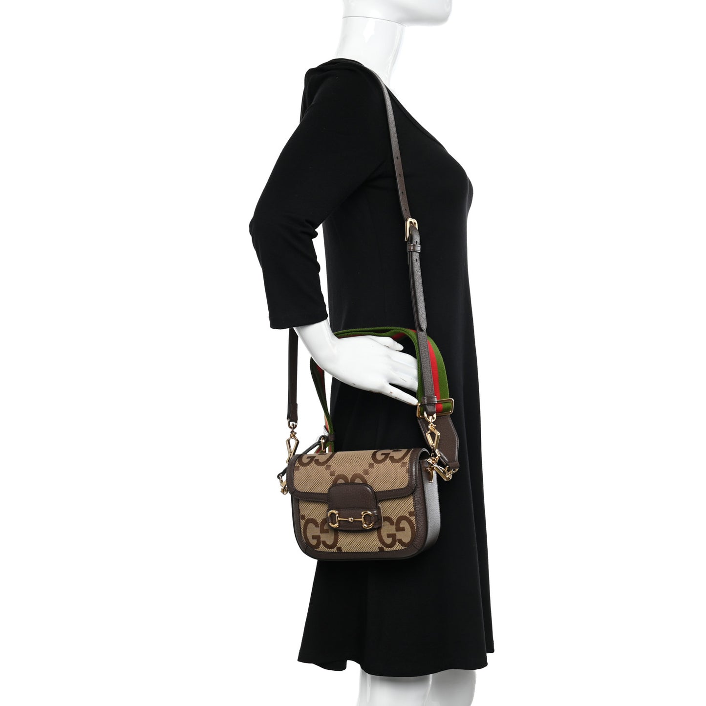 Monogram Jumbo GG Textured Dollar Calfskin Web Mini Horsebit 1955 Shoulder Bag Camel Ebony New Acero