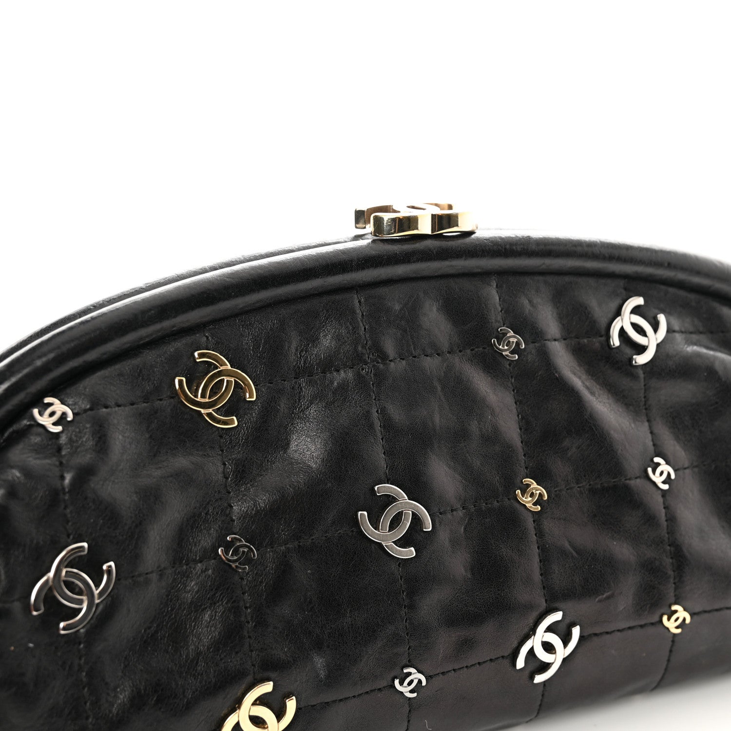 Chanel Calfskin Square Quilted Grommet Embellished Piercing Chic Clutch Black 9 of 15