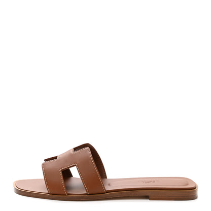 Hermes Box Calfskin Oran Sandals 37 Gold 1 of 9