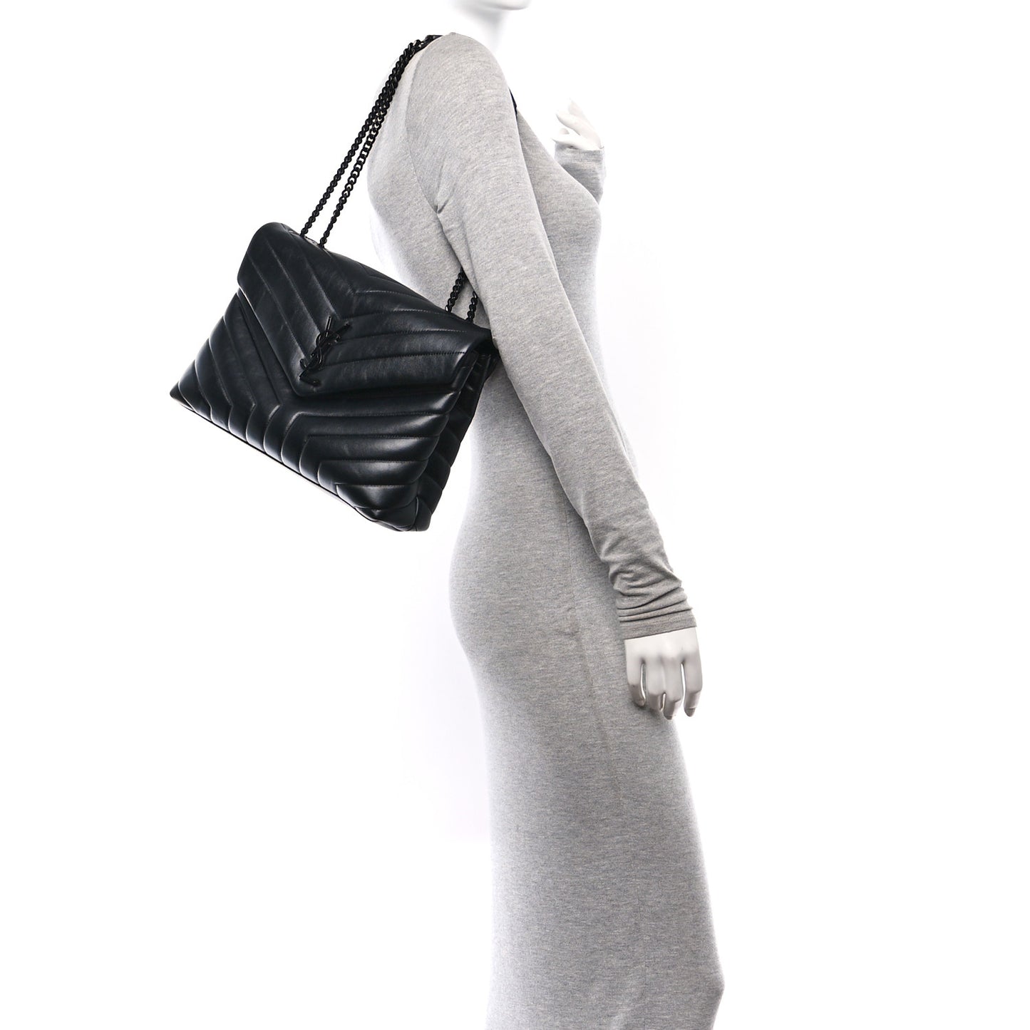 Calfskin Y Quilted Monogram Monochrome Medium Loulou Chain Satchel Black