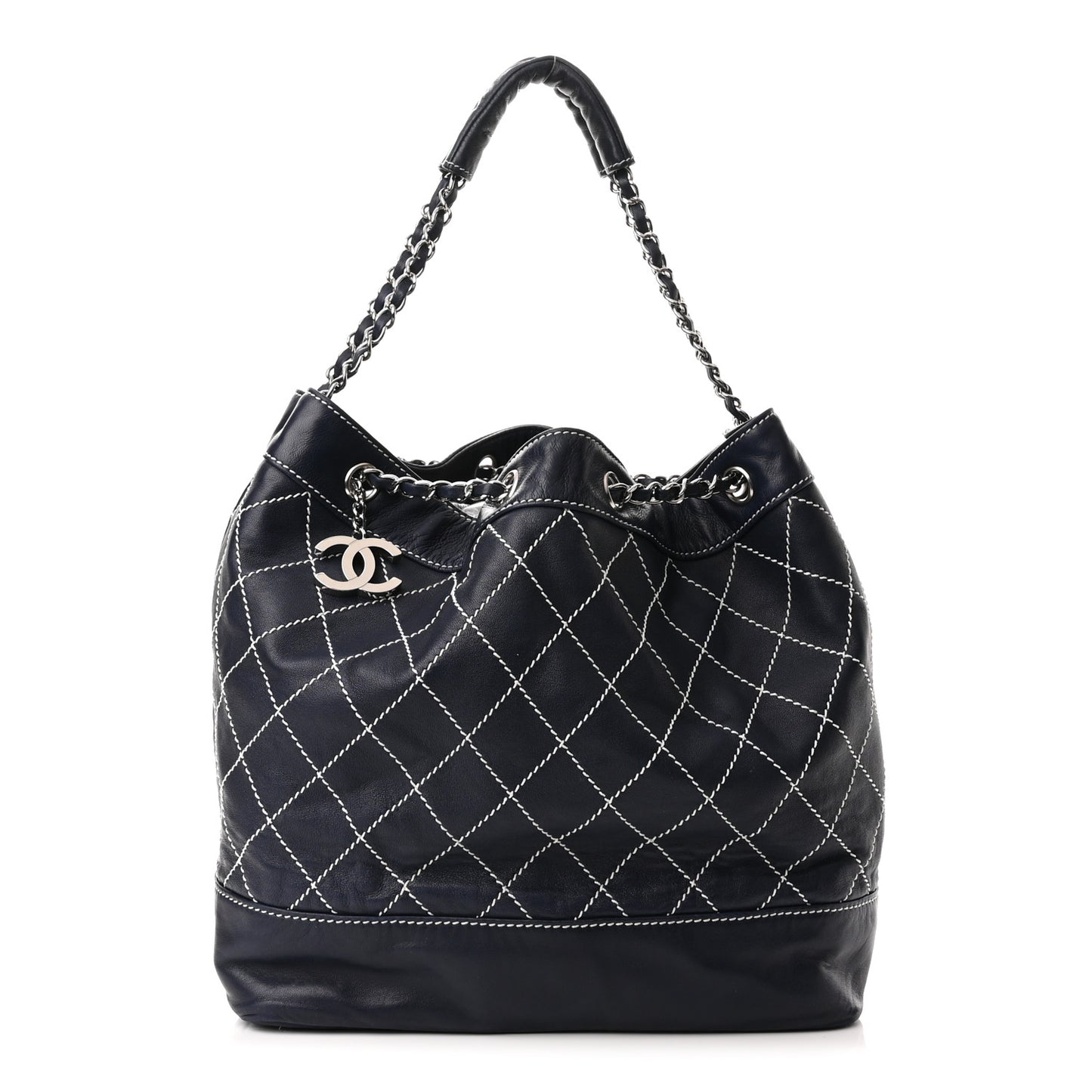 Lambskin Contrast Stitch Large Drawstring Tote Navy