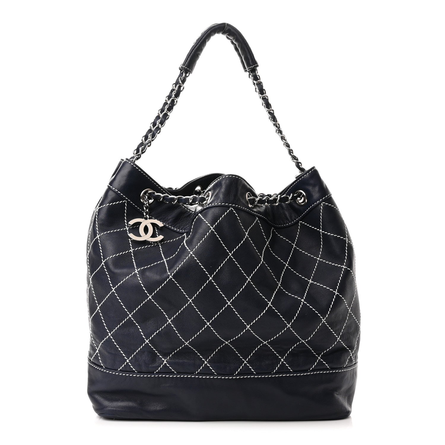 Chanel Lambskin Contrast Stitch Large Drawstring Tote Navy 1 of 10