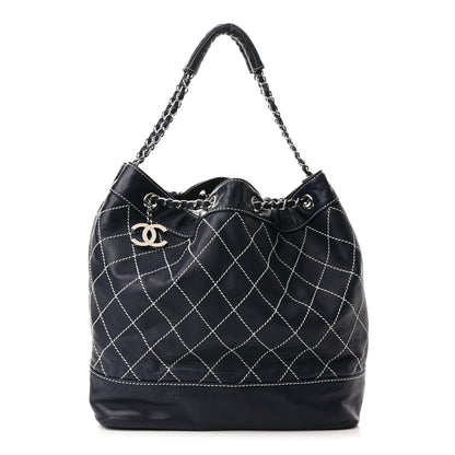 Chanel Lambskin Contrast Stitch Large Drawstring Tote Navy 1 of 10