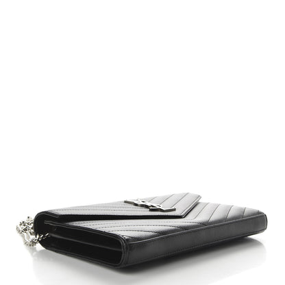 Saint Laurent Grain De Poudre Matelasse Chevron Monogram Chain Wallet Black 3 of 9