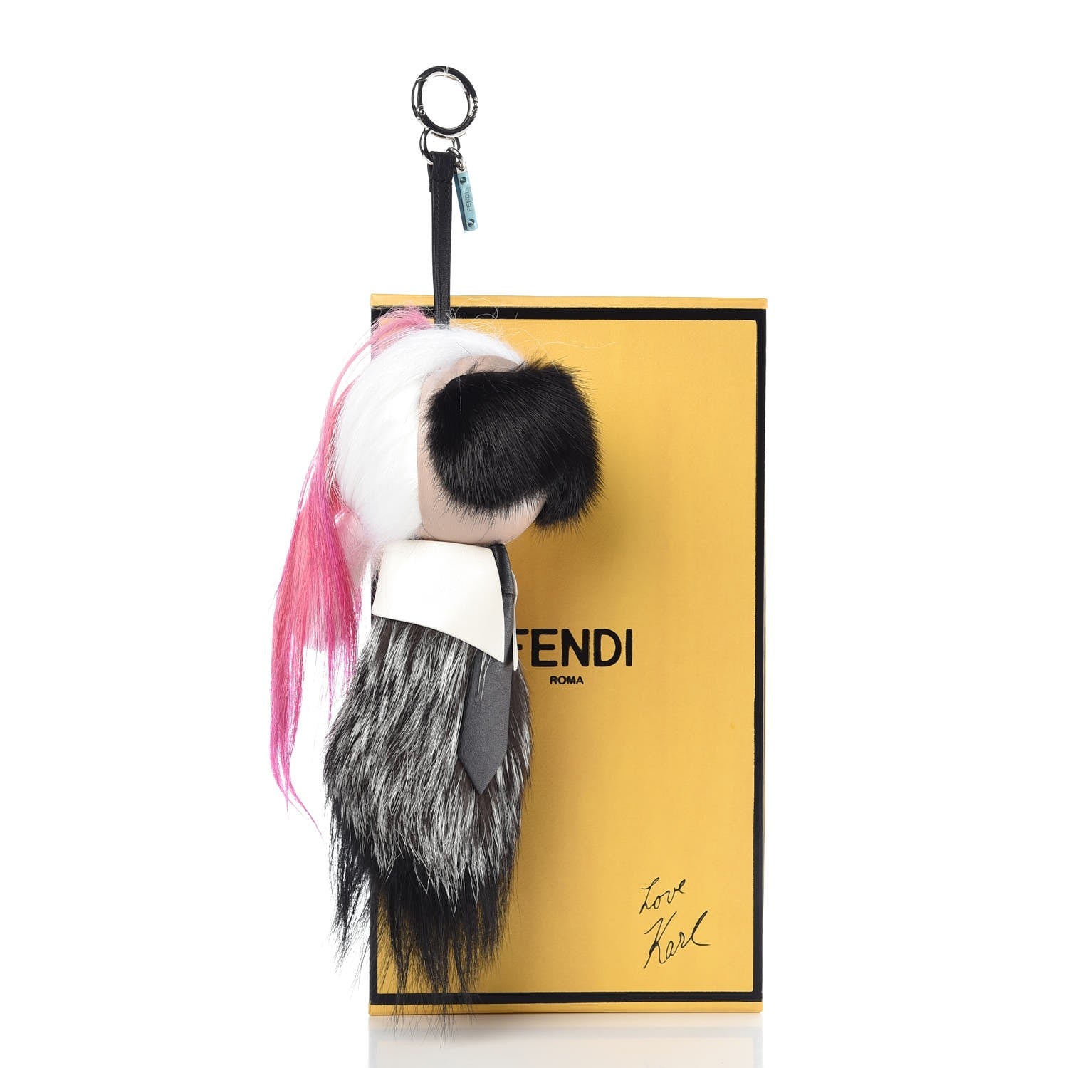 Fendi Fox Mink Goat Fur Nappa Karlito Bag Charm Black White Rosa 4 of 4