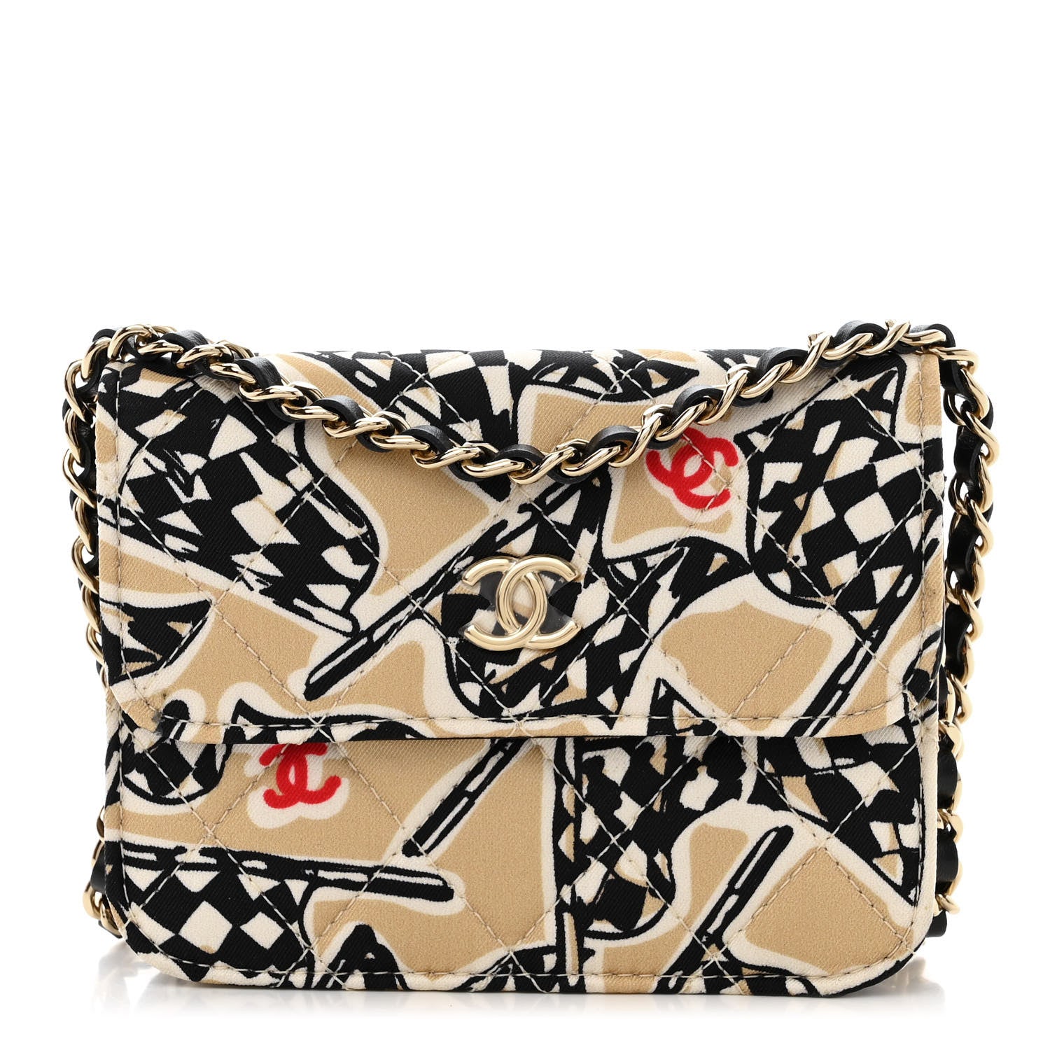 Chanel Canvas Check Flag Printed CC Clutch With Chain Beige Multicolor 1 of 12