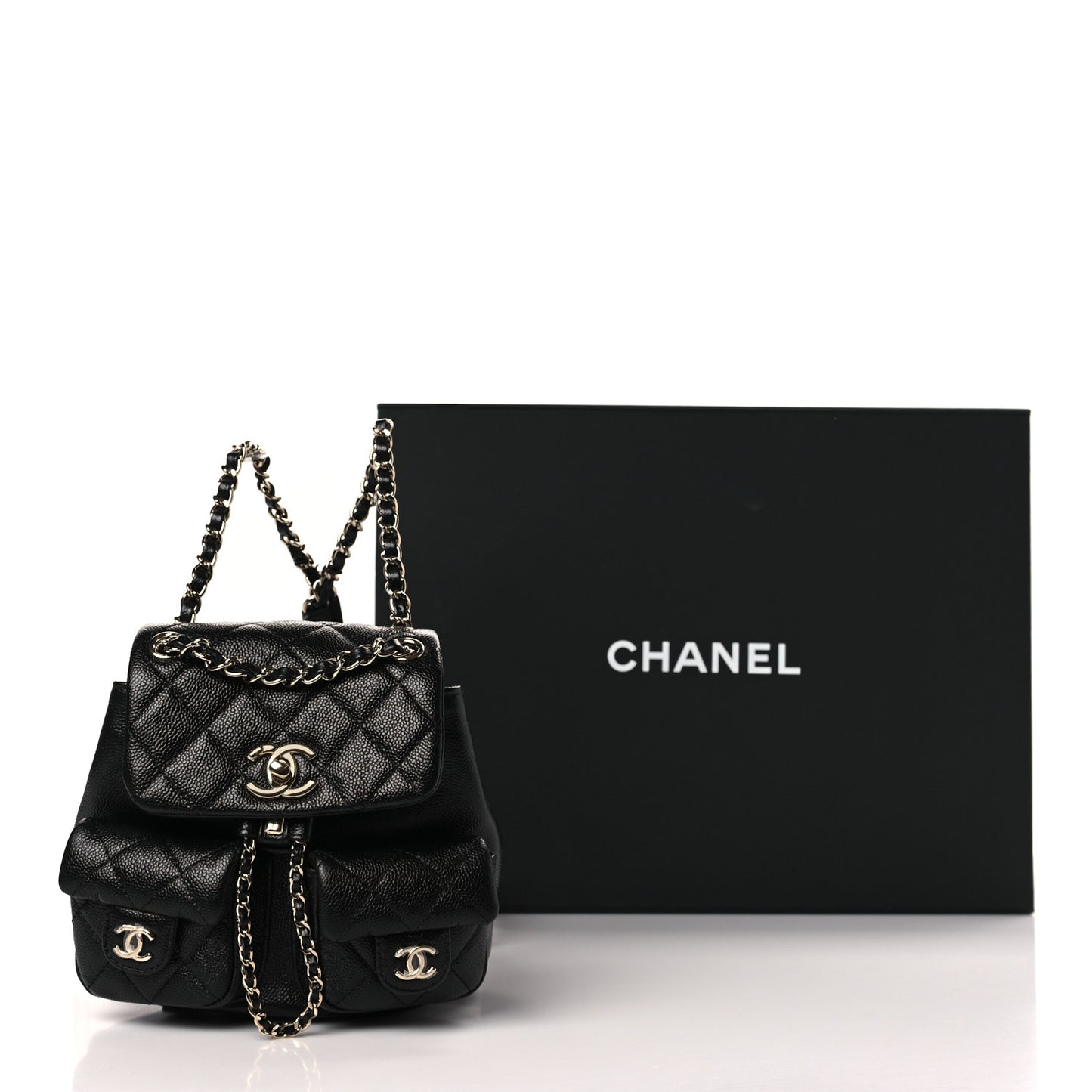 Shiny Caviar Quilted Small Duma Pockets Drawstring Backpack Black