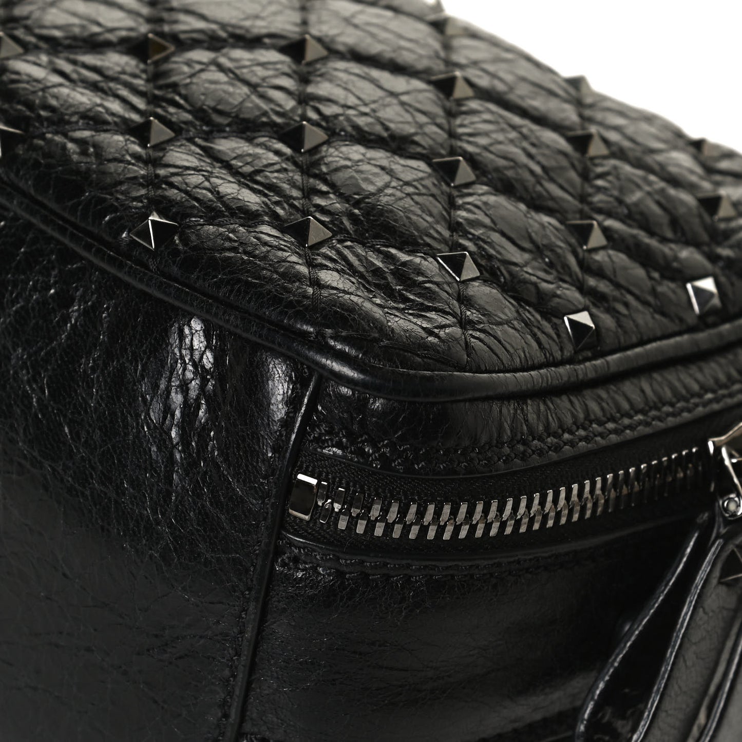 Craquele Nappa Rockstud Spike Double Zip Camera Crossbody Bag Black