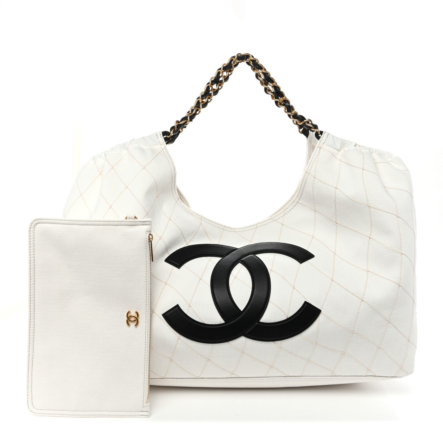 Denim Calfskin Quilted Coco Beach Small Shopping Tote White Black