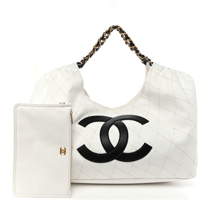 Chanel Denim Calfskin Quilted Coco Beach Small Shopping Tote White Black 3 of 11