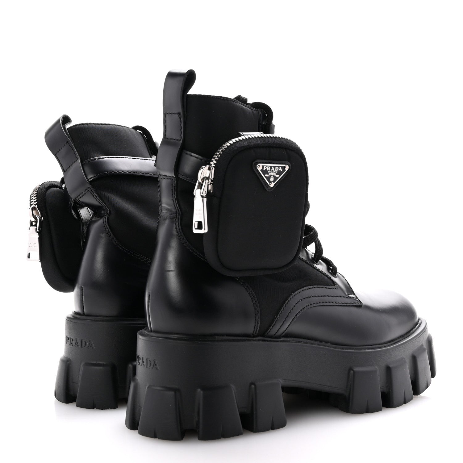 Prada Spazzolato Rois Nylon Metal Triangle Logo Monolith Pouch Pocket 55mm Boots 38 Black 6 of 10