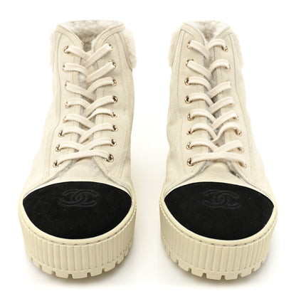 Chanel Kid Suede Shearling Sheepskin Lace Up Boots 39.5 Ivory White Black 2 of 13