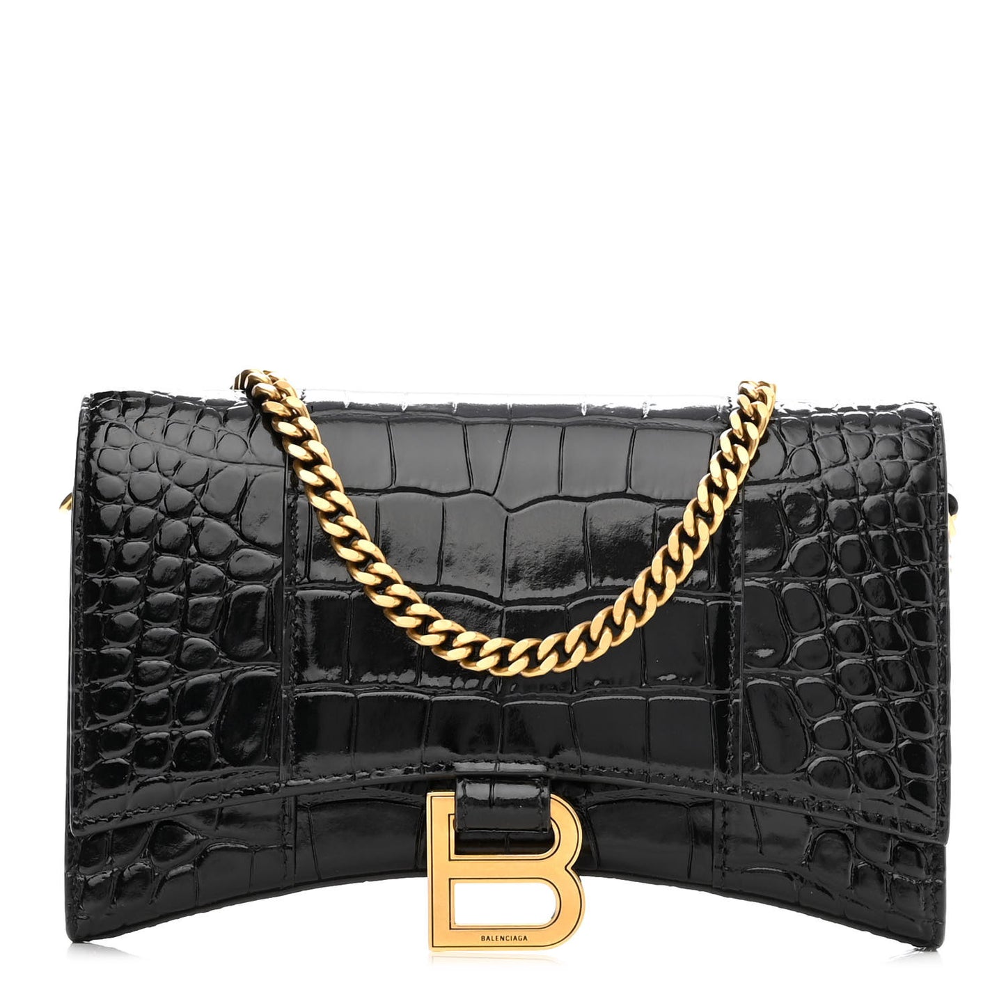 Shiny Calfskin Crocodile Embossed Hourglass Chain Bag Black