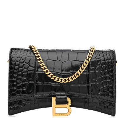 Balenciaga Shiny Calfskin Crocodile Embossed Hourglass Chain Bag Black 1 of 9