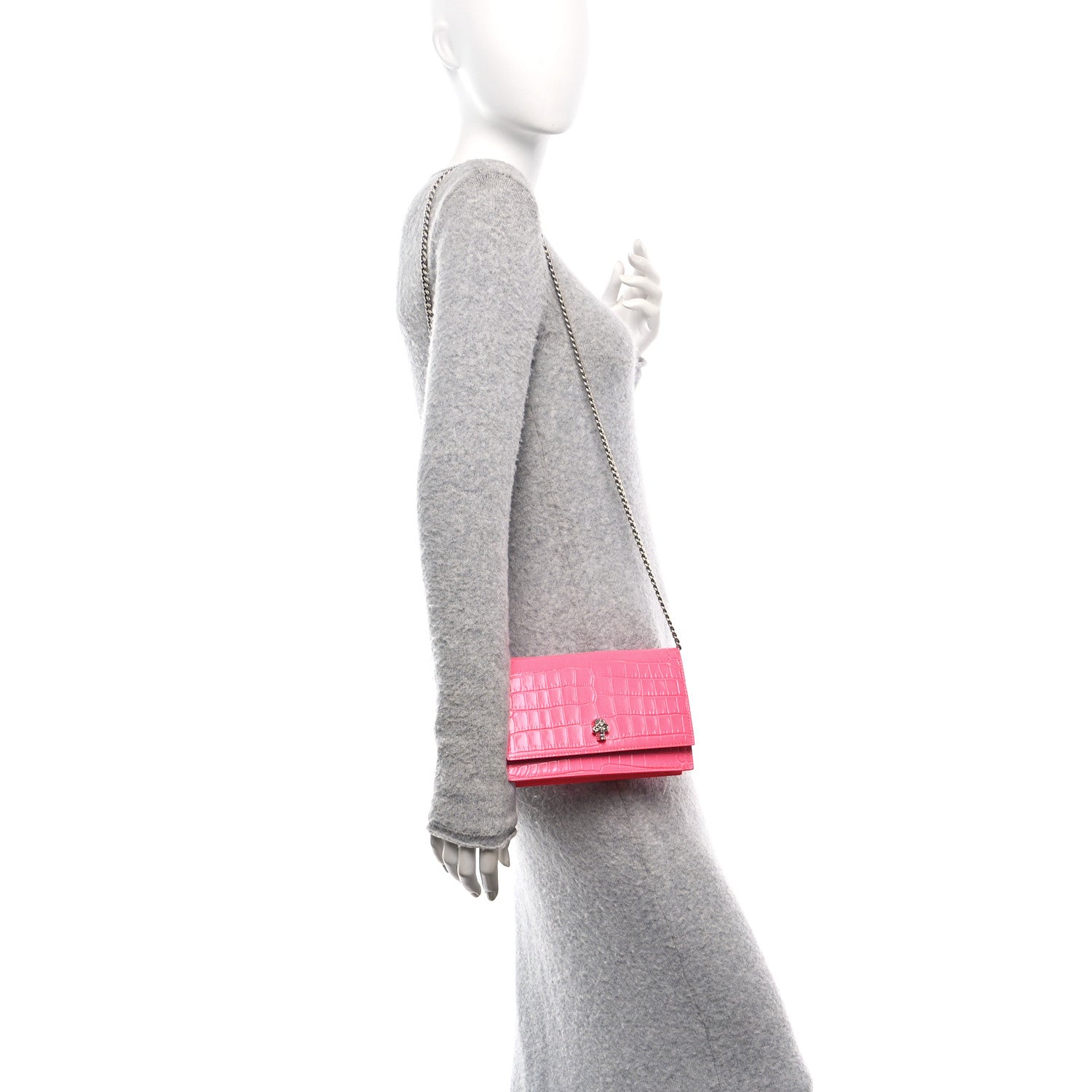 Alexander McQueen Calfskin Crocodile Embossed Skull Mini Crossbody Bag Neon Pink 2 of 10
