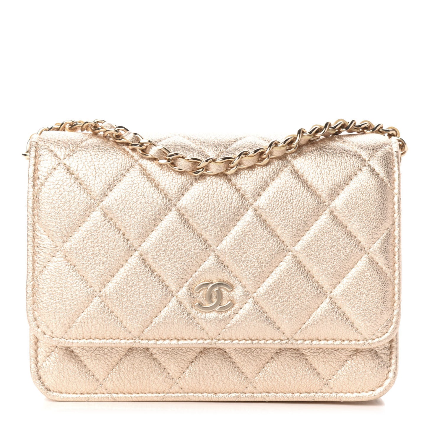 Metallic Lambskin Quilted Mini Wallet On Chain WOC Gold
