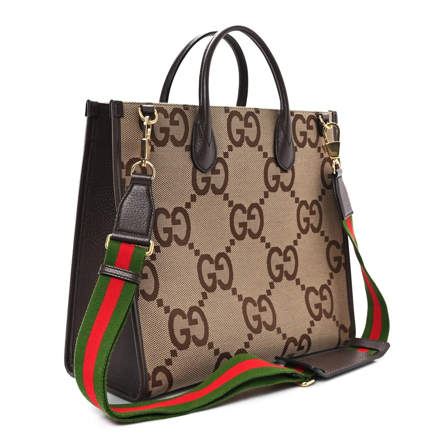 Monogram Jumbo GG Textured Dollar Calfskin Web Tote Bag Camel Ebony New Acero