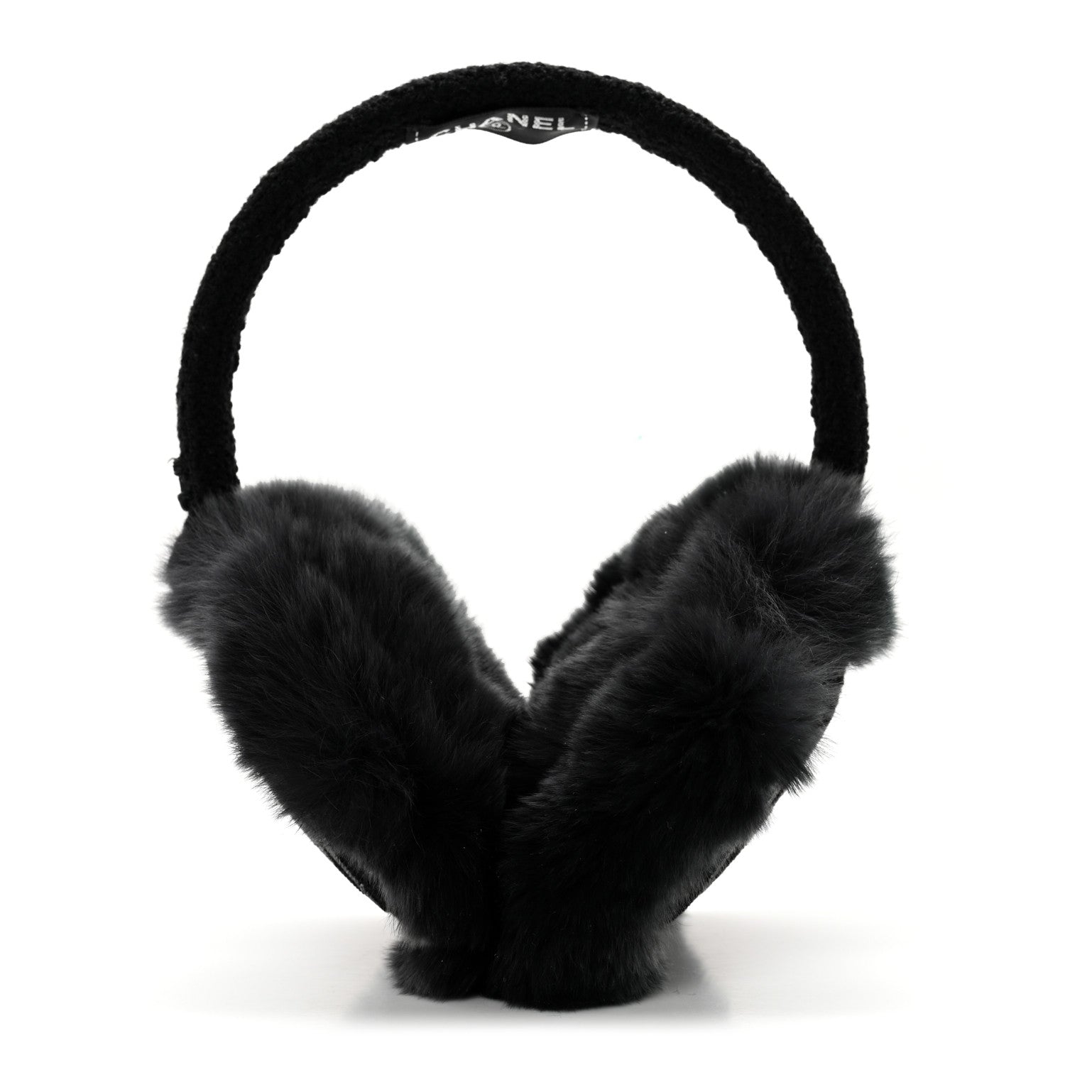 Chanel Rabbit Fur Tweed Cameilla Ear Muffs Black Grey 1 of 7