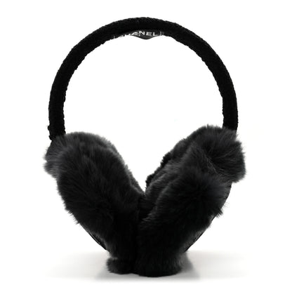 Chanel Rabbit Fur Tweed Cameilla Ear Muffs Black Grey 1 of 7
