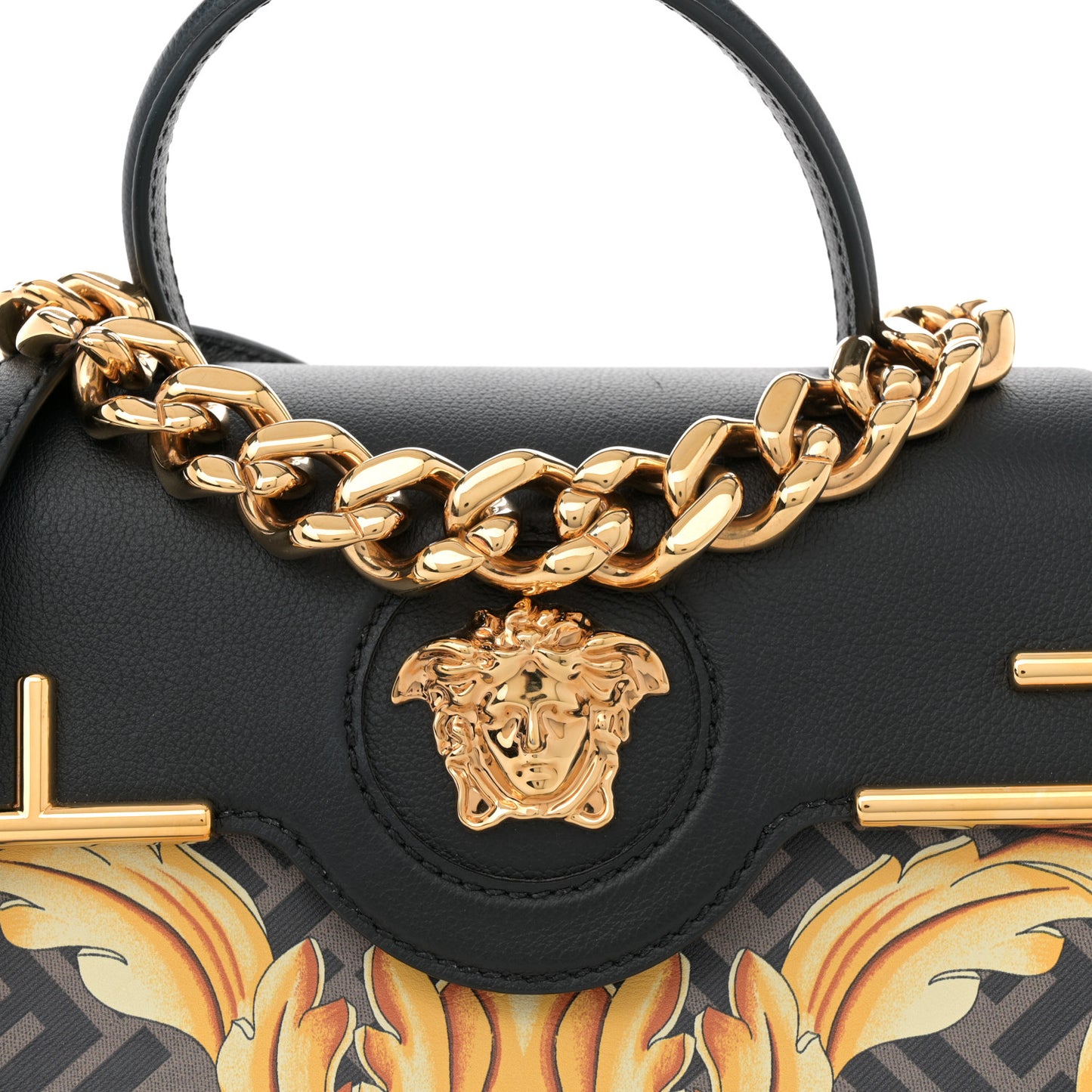 X FENDI Grained Calfskin Fendace La Medusa Medium Top Handle Bag Black Multicolor