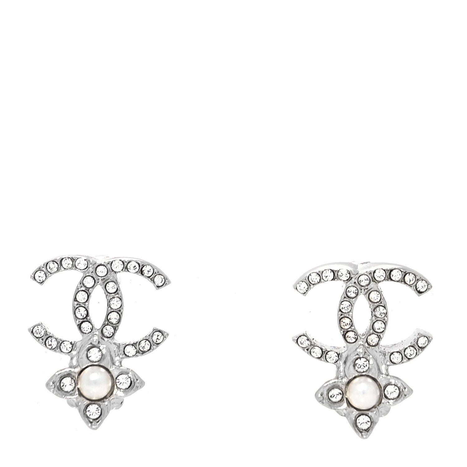 Chanel Crystal Pearl Flower CC Earrings Silver 1 of 4