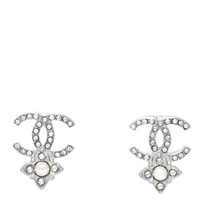 Chanel Crystal Pearl Flower CC Earrings Silver 1 of 4