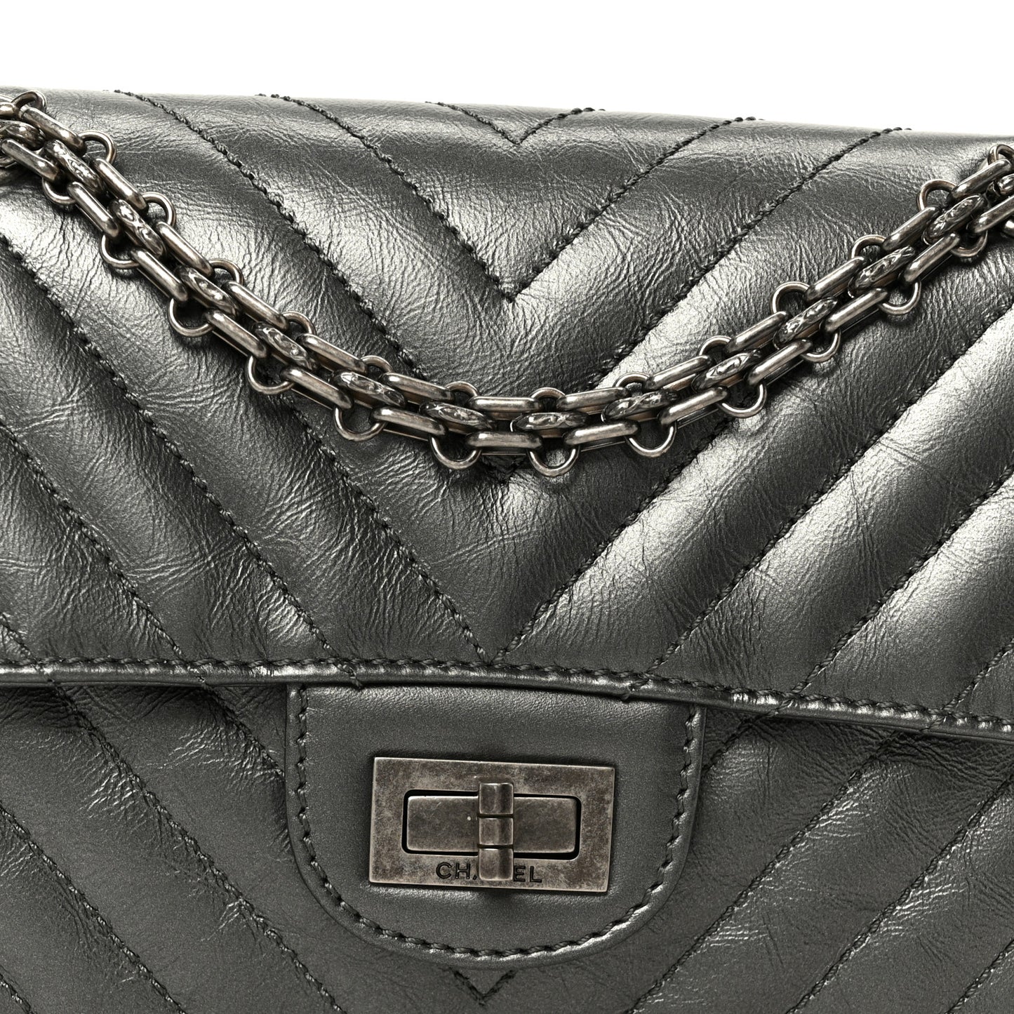 Metallic Aged Calfskin Chevron Quilted 2.55 Reissue Mini Flap Grey
