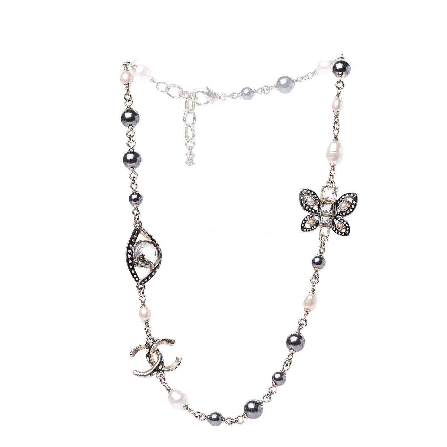 Enamel Crystal Graduated Pearl Butterfly CC Short Necklace Gold Black