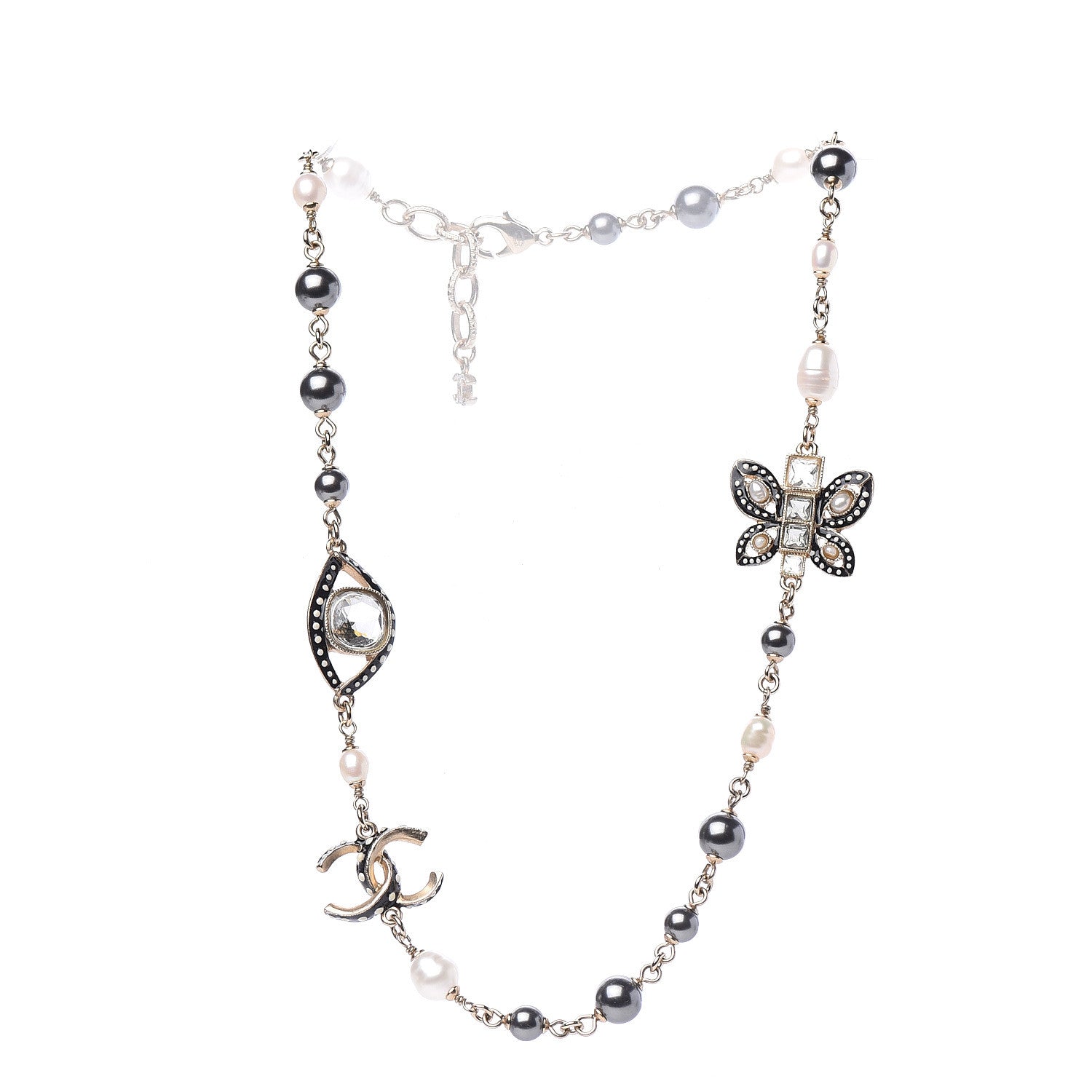 Chanel Enamel Crystal Graduated Pearl Butterfly CC Short Necklace Gold Black 2 of 4