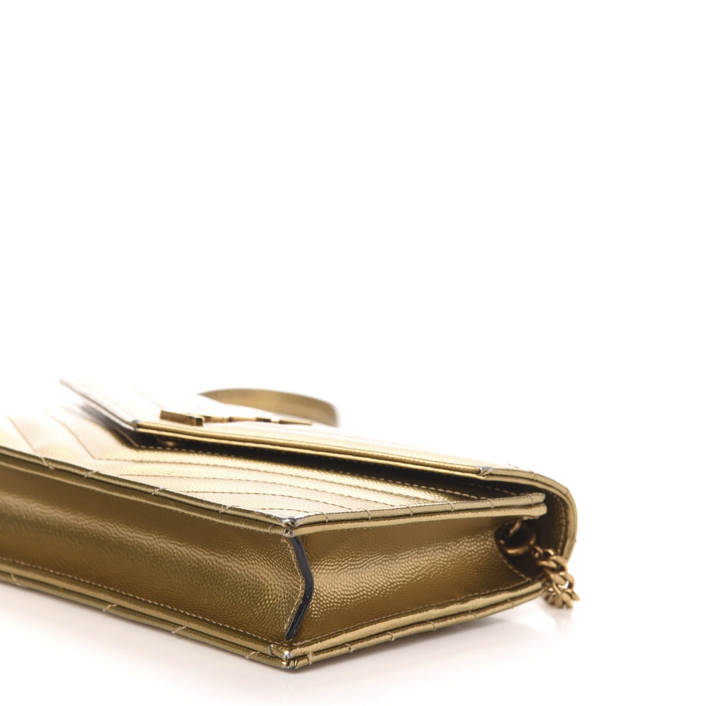 Metallic Calfskin Matelasse Chevron Monogram Envelope Chain Wallet Antic Gold