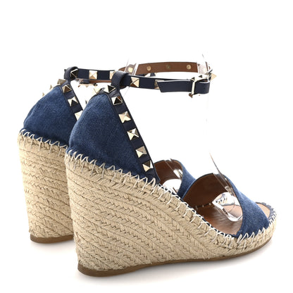 Valentino Garavani Denim Rockstud Ankle Strap Espadrille 15/105mm Wedge Sandals 39 Light Denim 5 of 9
