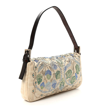 Fendi Linen Zucca Crystal Floral Beaded Baguette Beige Multicolor 2 of 8