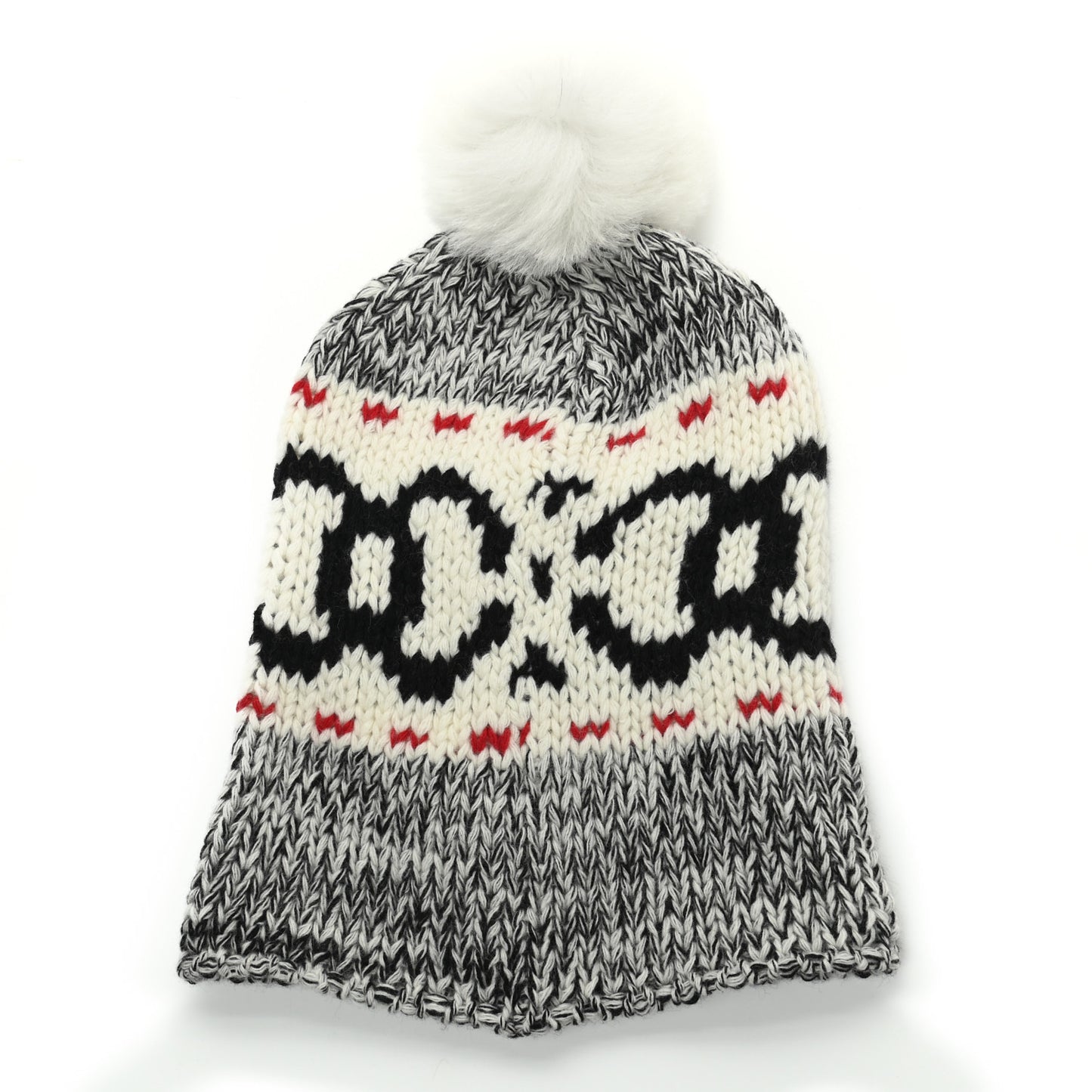 Wool Shearling CC Beanie Hat Ivory Black Red