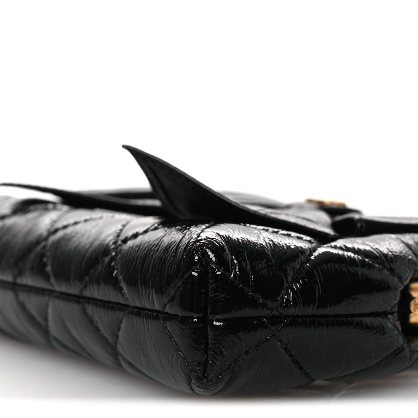 Patent Crumpled Lambskin Quilted Maxi Bow Clutch With Chain Black
