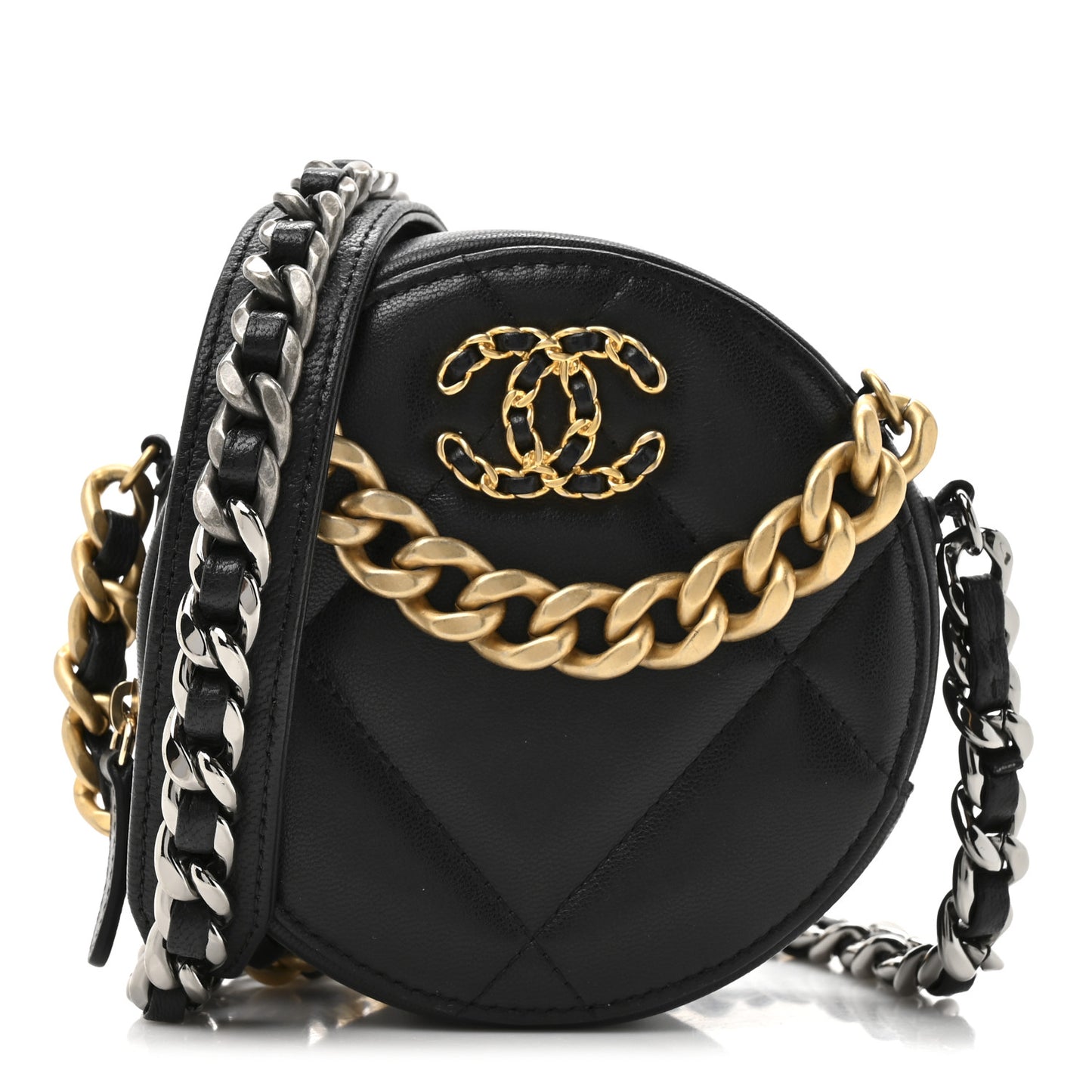 Lambskin Quilted Chanel 19 Round Clutch With Chain Black