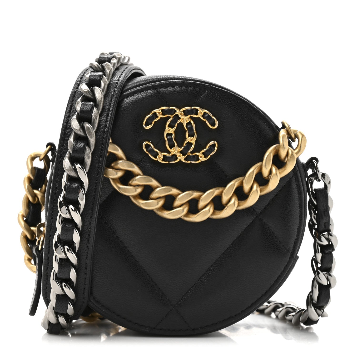 Chanel Lambskin Quilted Chanel 19 Round Clutch With Chain Black 1 of 10