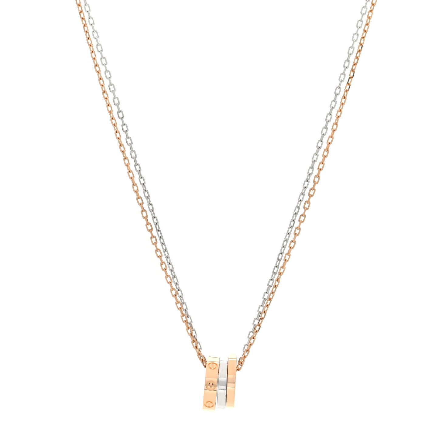 18K White Pink Gold Diamond Three Ring LOVE Necklace