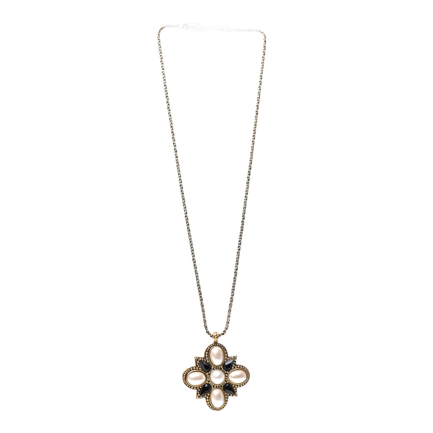 Saint Laurent Crystal Pearl Pendant Necklace Gold 3 of 5