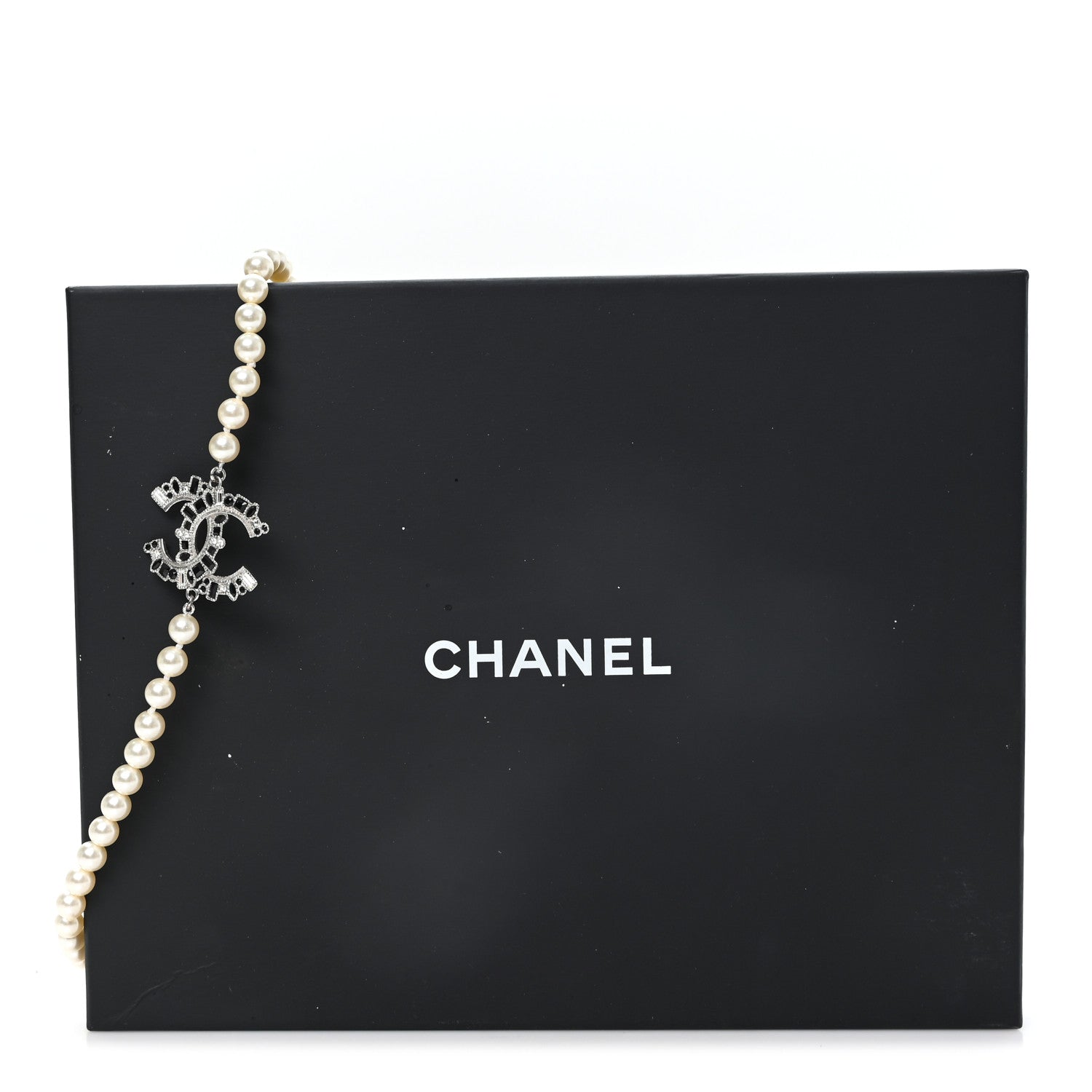 Chanel Pearl Bead Crystal CC Long Necklace White Silver Black 5 of 5