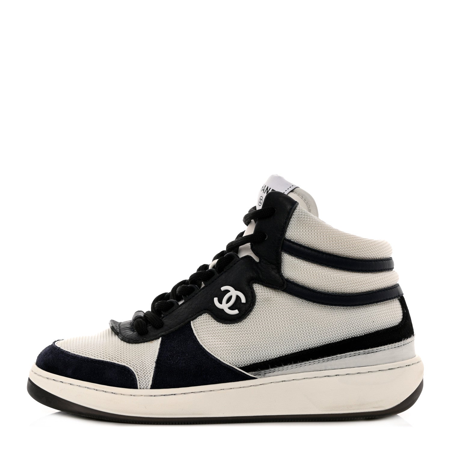 Chanel Suede Fabric Grained Calfskin Womens CC High Top Sneakers 39 White Navy 1 of 15