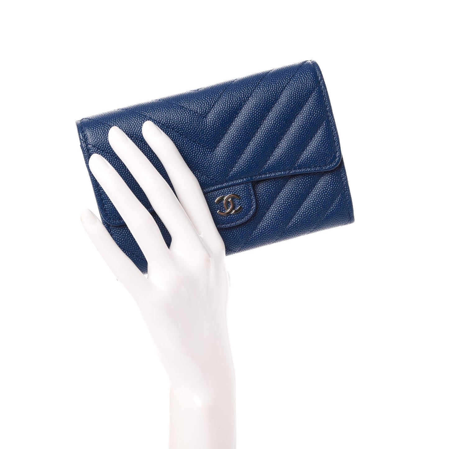 Caviar Chevron Quilted Medium Flap Wallet Blue