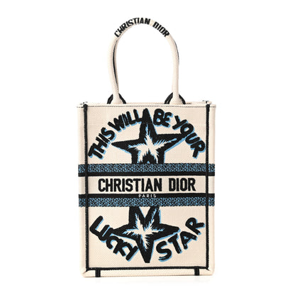 Christian Dior Canvas Embroidered Vertical Lucky Star Book Tote White Multicolor 1 of 10