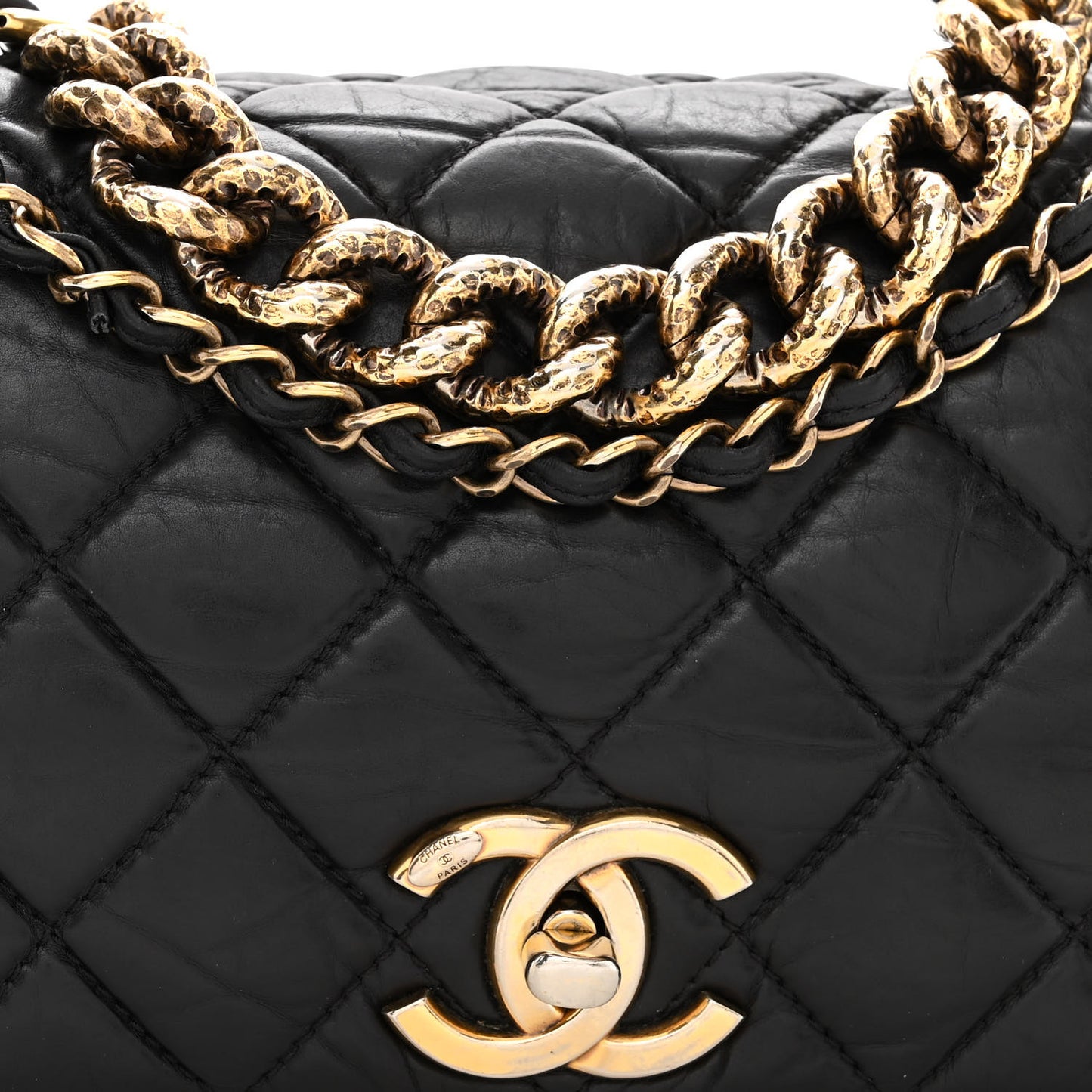Aged Calfskin Quilted Medium Pondichery Flap Black