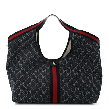 Gucci Denim GG Monogram Web Large Giglio Tote Blue 1 of 10