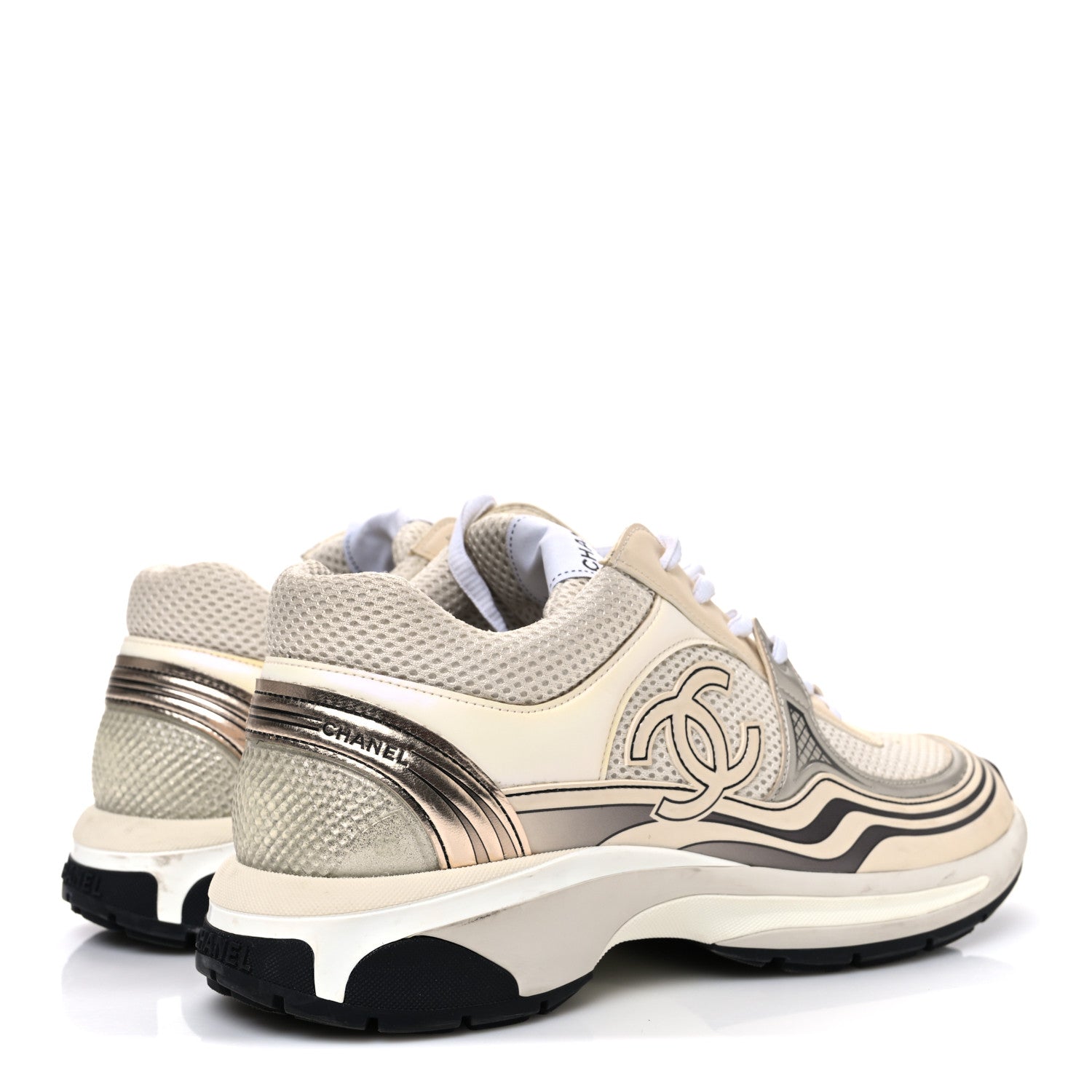 Chanel Fabric Laminated Calfskin Stretch CC Sneakers 41 Ivory White Silver 5 of 13