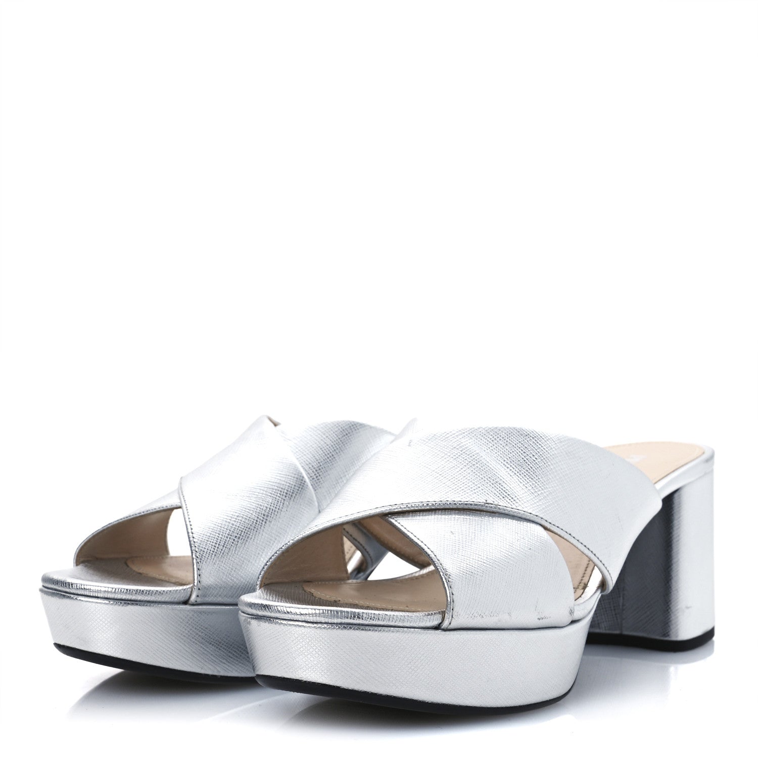 Prada Metallic Saffiano Crisscross Platform Sandals 41 Silver 4 of 16