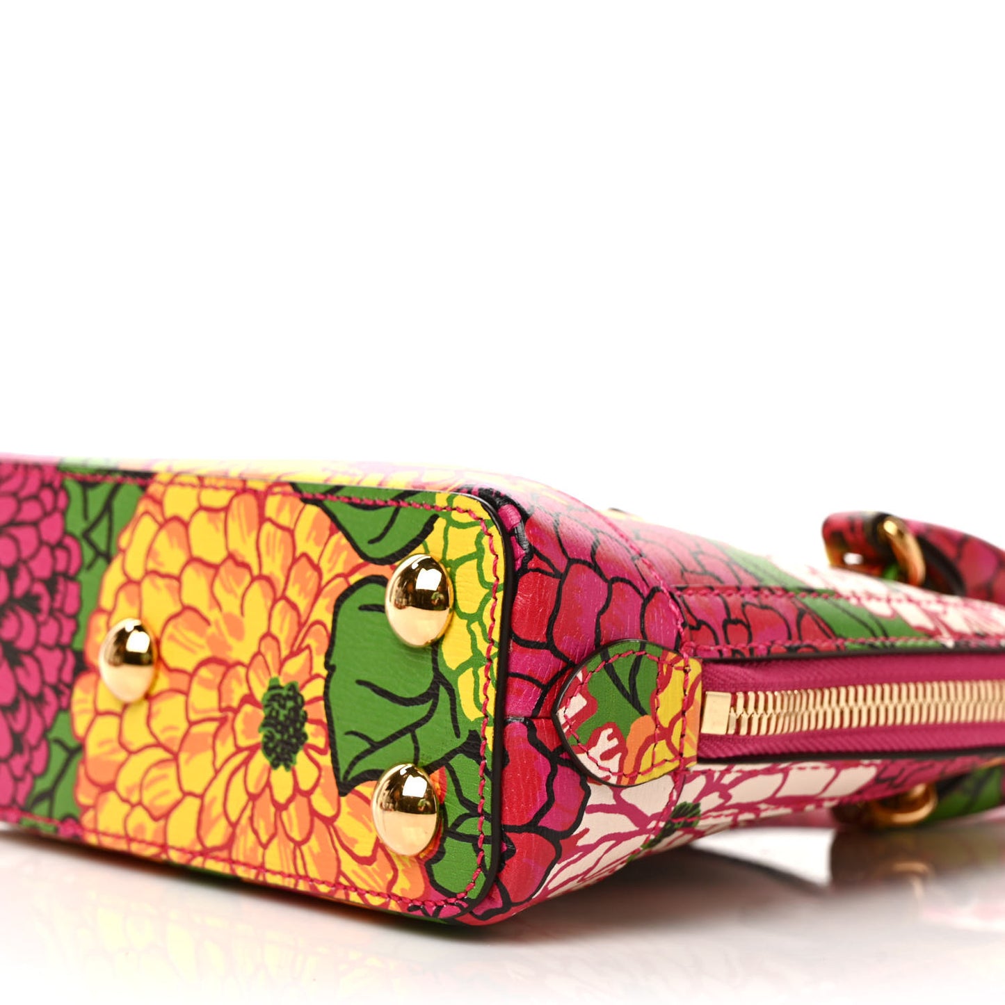 X KEN SCOTT Textured Calfskin Pomponica Print Mini Horsebit 1955 Top Handle Bag Multicolor Fuxia Pompom