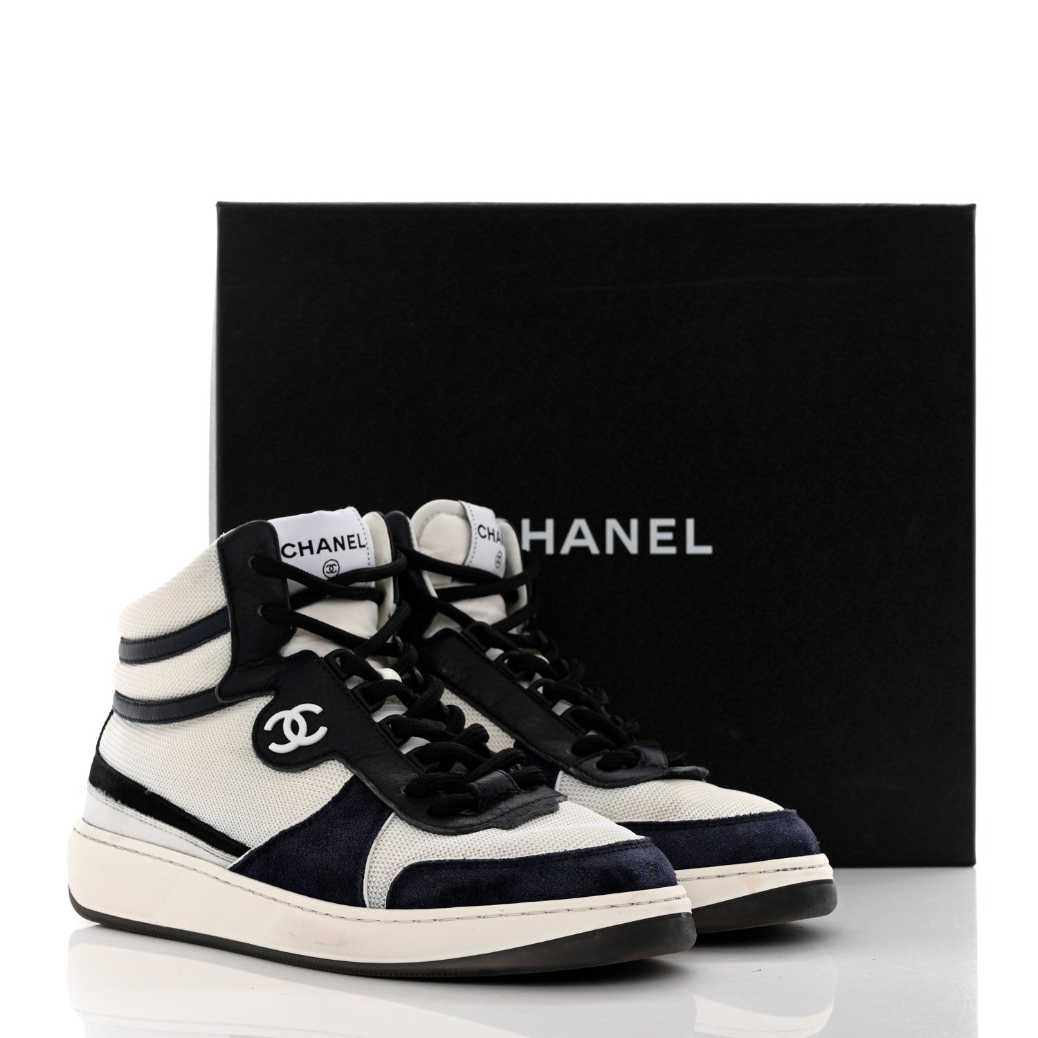Chanel Suede Fabric Grained Calfskin Womens CC High Top Sneakers 39 White Navy 15 of 15