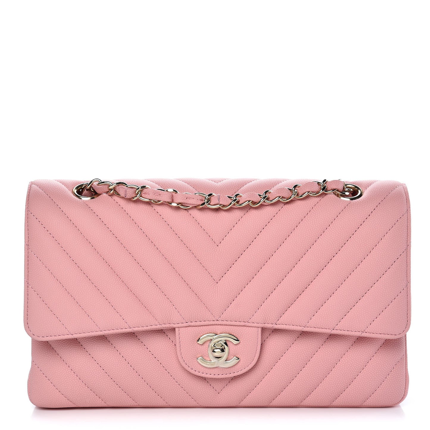 Caviar Chevron Quilted Medium Double Flap Pink