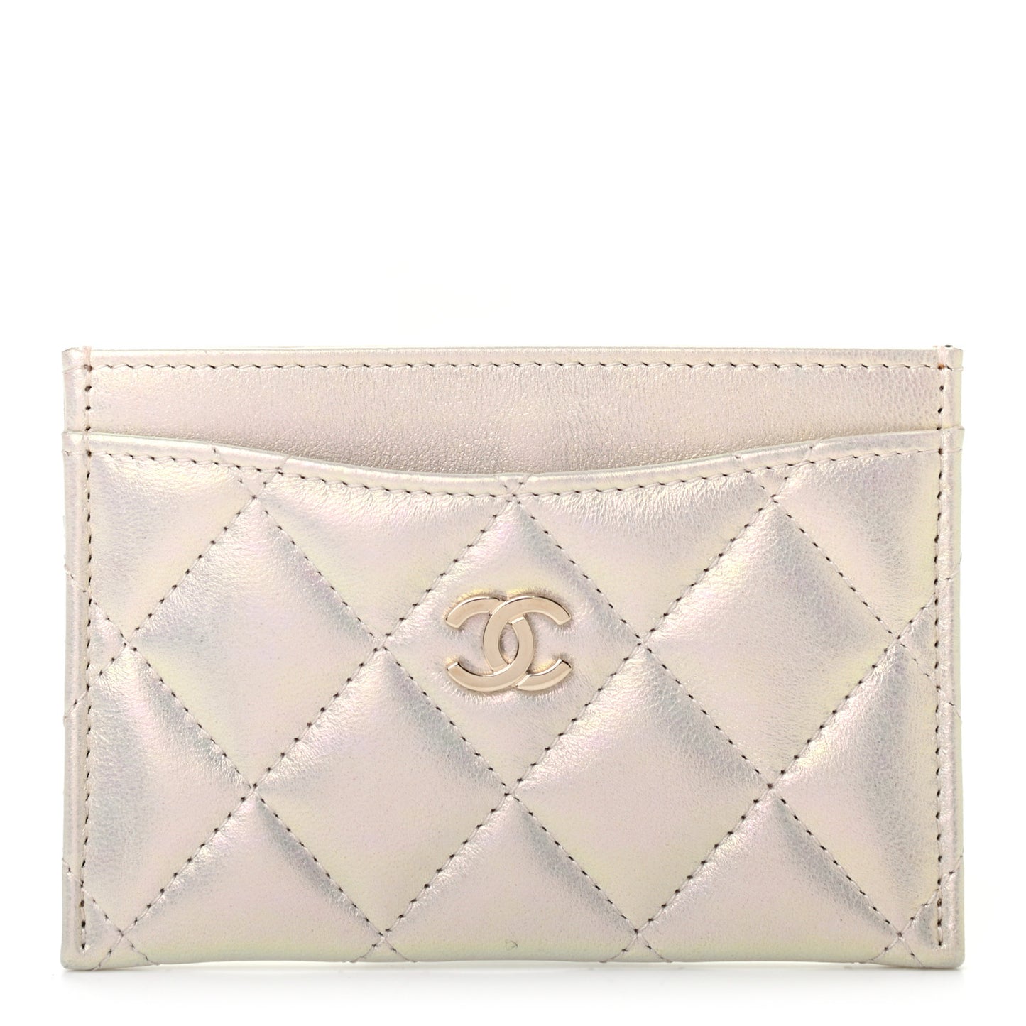 Iridescent Lambskin Quilted Card Holder Ivory
